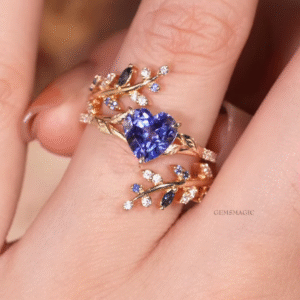 Gemsmagic Aphrodite Ring: Heart-Shaped Tanzanite and Leaf Vine Ring