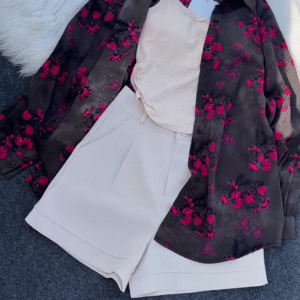 Floral Print Long-Sleeved Shirt with Tank Top and High-Waisted Shorts Set