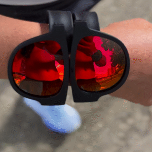 Foldable Sports Sunglasses with Mirrored Red Lenses and Secure Wrist Strap