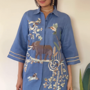 Artisanal Embroidered Linen Blend Shirt and Pants Set with Animal Motifs