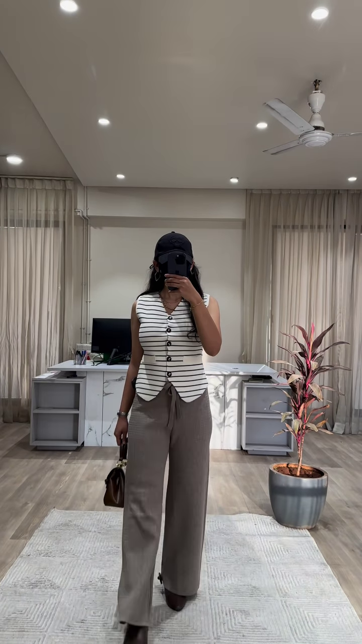 Chic Sleeveless Knit Top with Button Front and Wide-Leg Knit Pants Outfit - Image 2