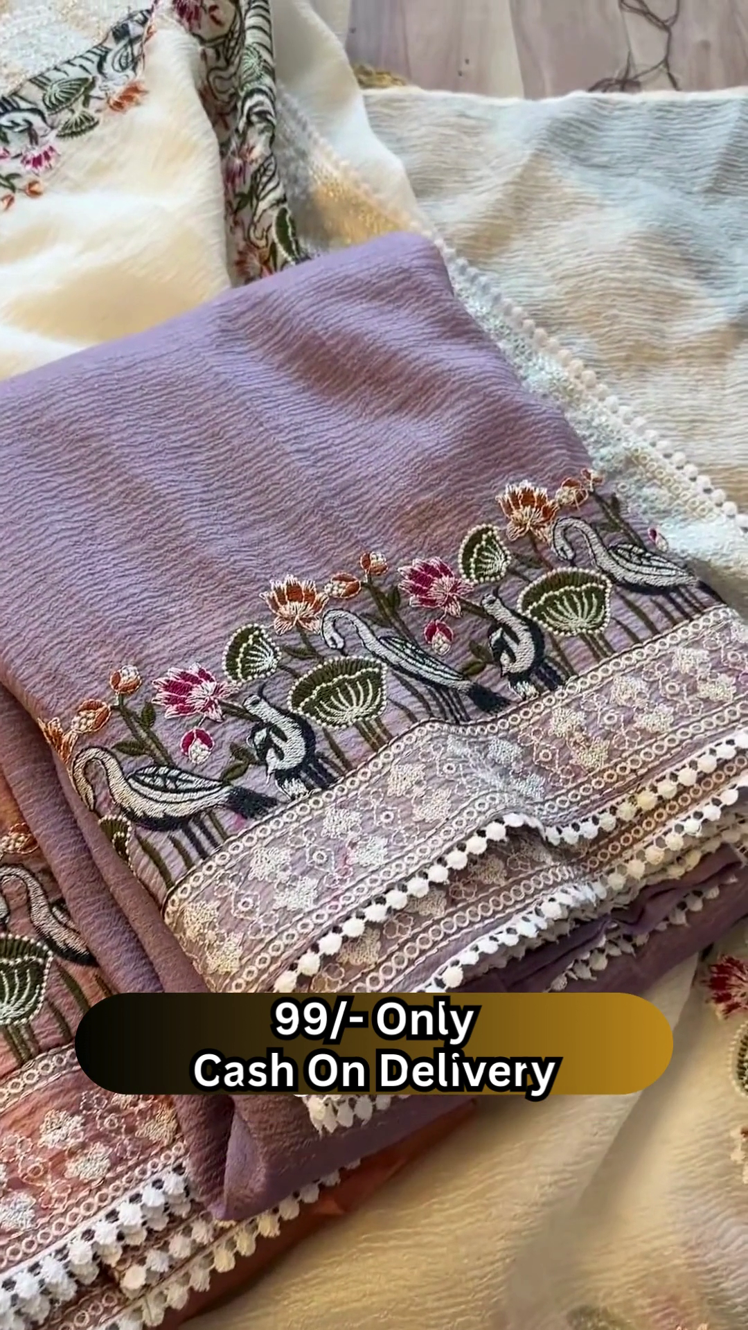 Elegant Off-White Saree with Floral and Bird Embroidered Border - Image 2