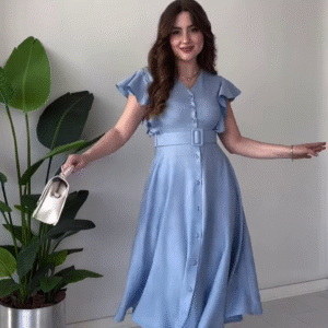 Elegant Light Blue Midi Dress with Ruffle Sleeves, Belt, and Button Front