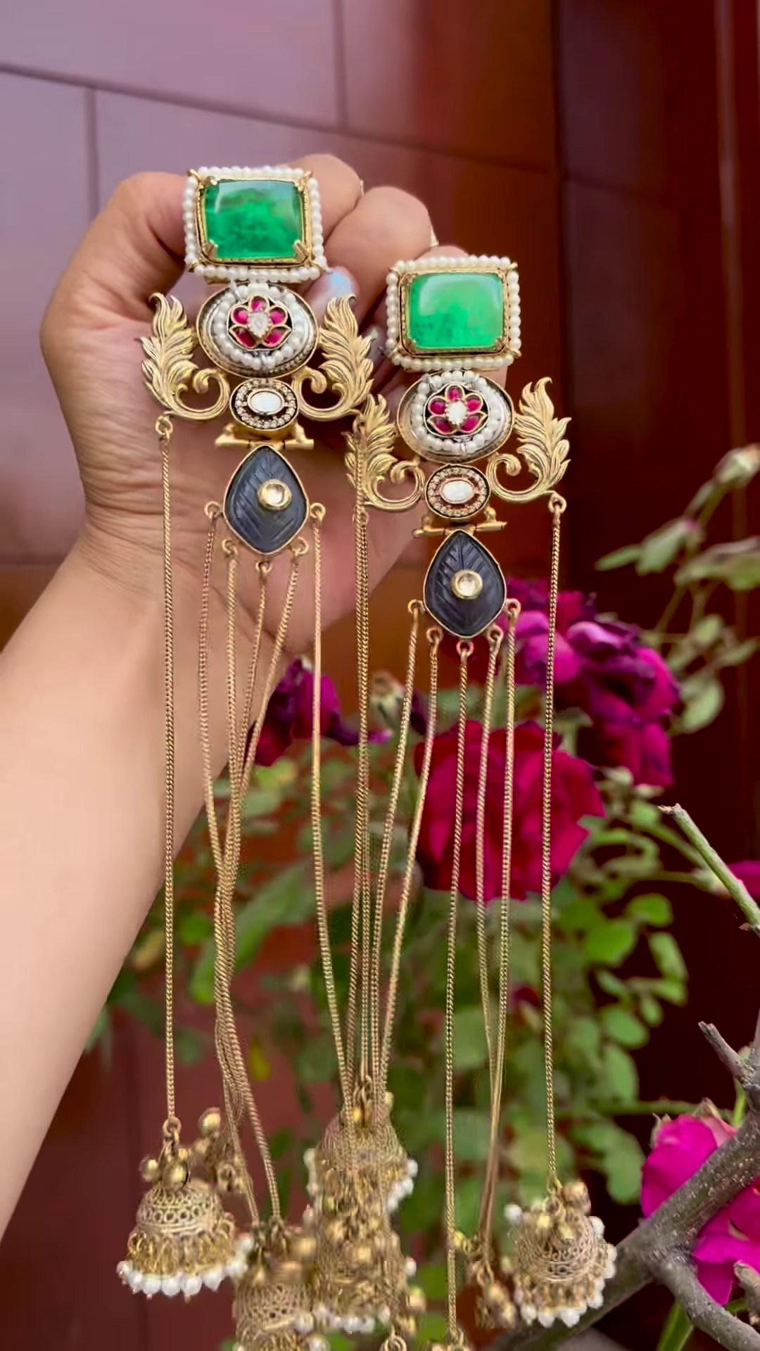 Elaborate Gold-Toned Kashmiri Jhumka Earrings with Gemstones and Chain Dangles - Image 3