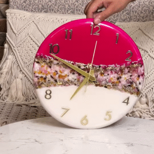 Artistic Resin Wall Clock with Abstract Color Blocking and Metallic Accents