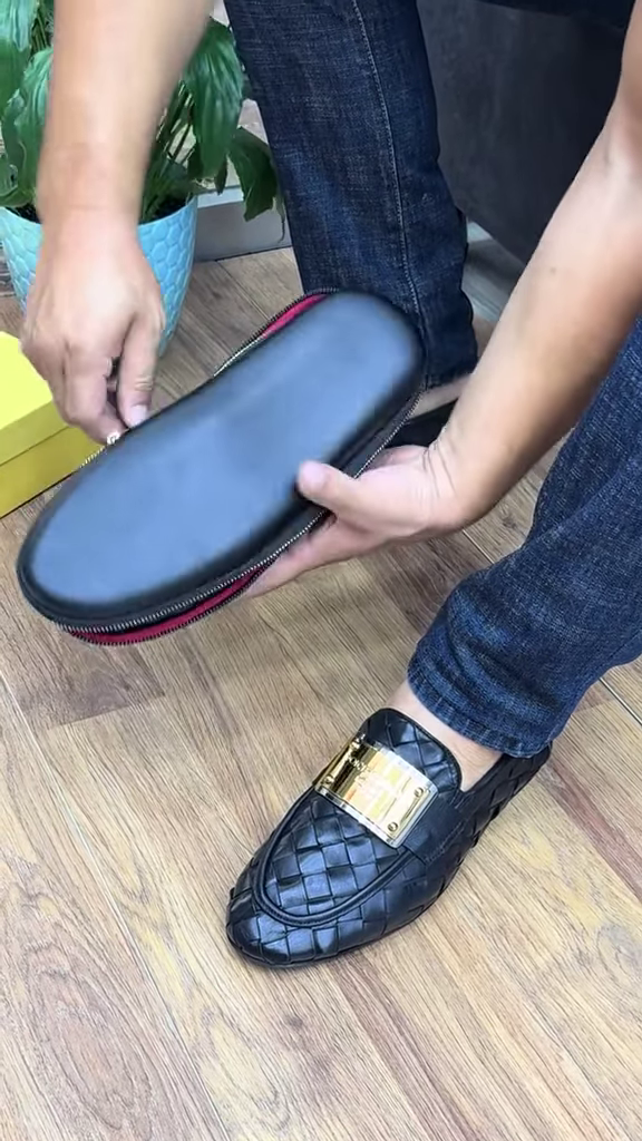 Men's Woven Leather Loafers with Decorative Metal Buckle