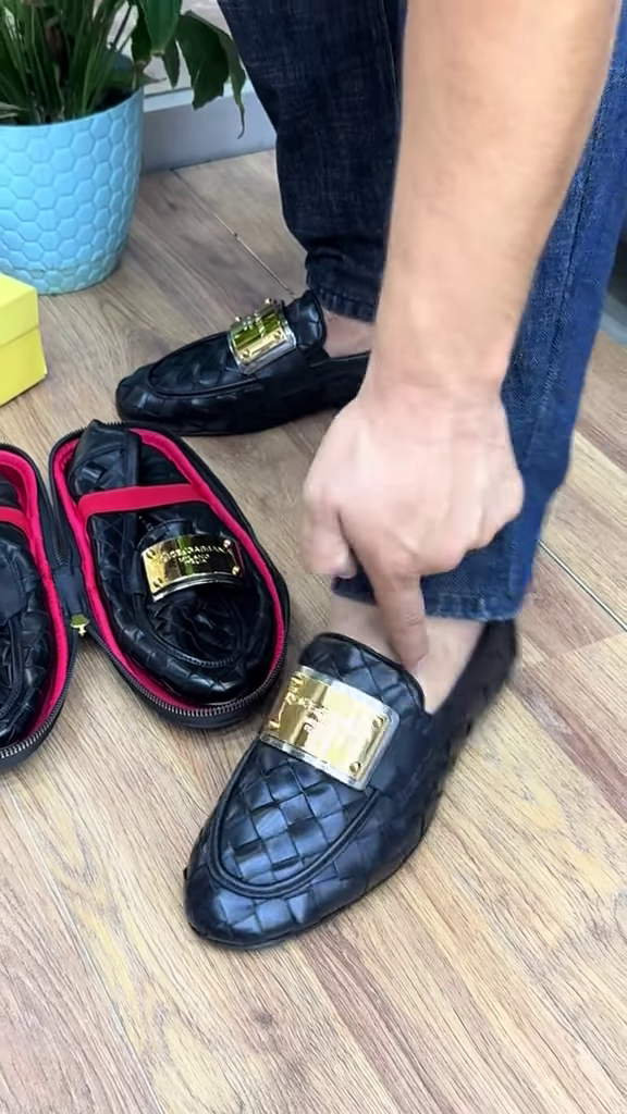 Men's Woven Leather Loafers with Decorative Metal Buckle - Image 2