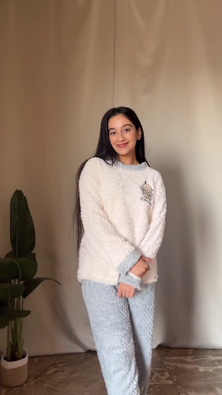 Fluffy Cartoon Co-ord Set πΎ White Top & Blue Pants β Ultra Cozy Loungewear - Image 3