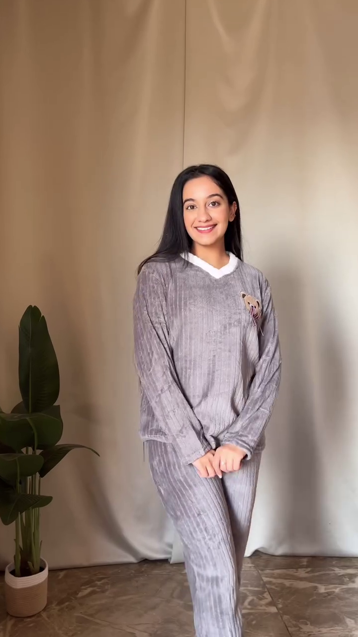 Fluffy Cartoon Co-ord Set πΎ White Top & Blue Pants β Ultra Cozy Loungewear