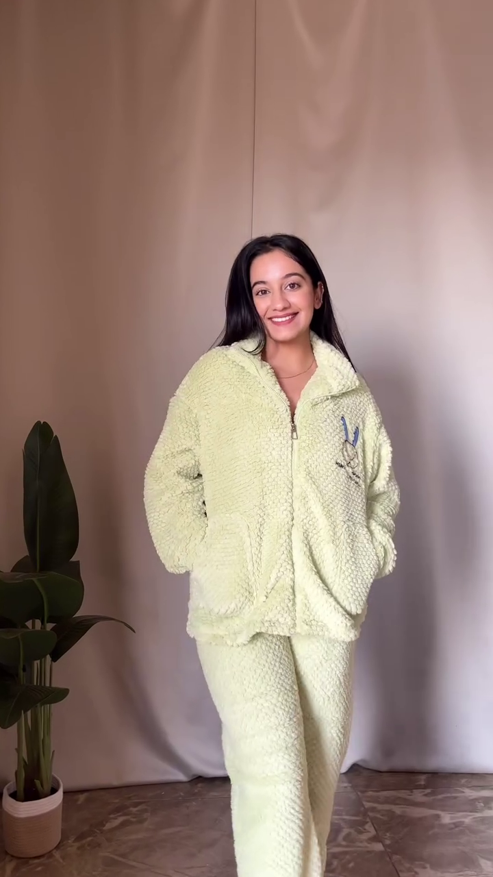 Fluffy Cartoon Co-ord Set πΎ White Top & Blue Pants β Ultra Cozy Loungewear - Image 4