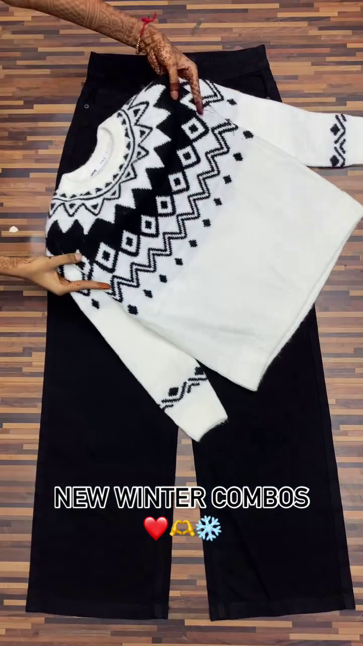 Winter Knitwear Combos ❄️ Cozy Sweaters with White & Black Pants – Floral, Wavy & Geometric Styles - Image 3