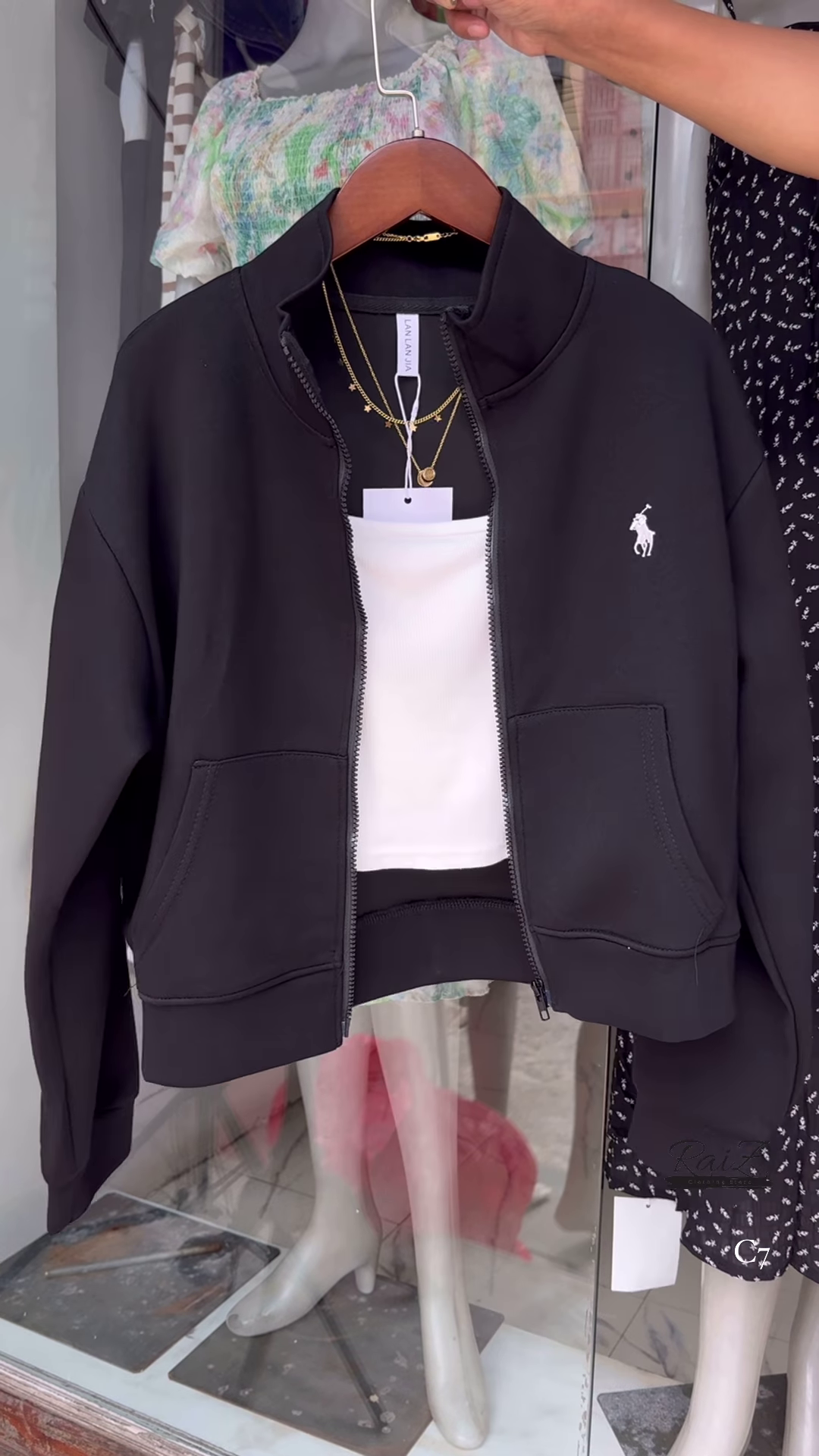 Zip-Up Layered Jackets 🧥✨ With High Collars & Gold Necklace Styling – Beige, White & Brown Variants - Image 6