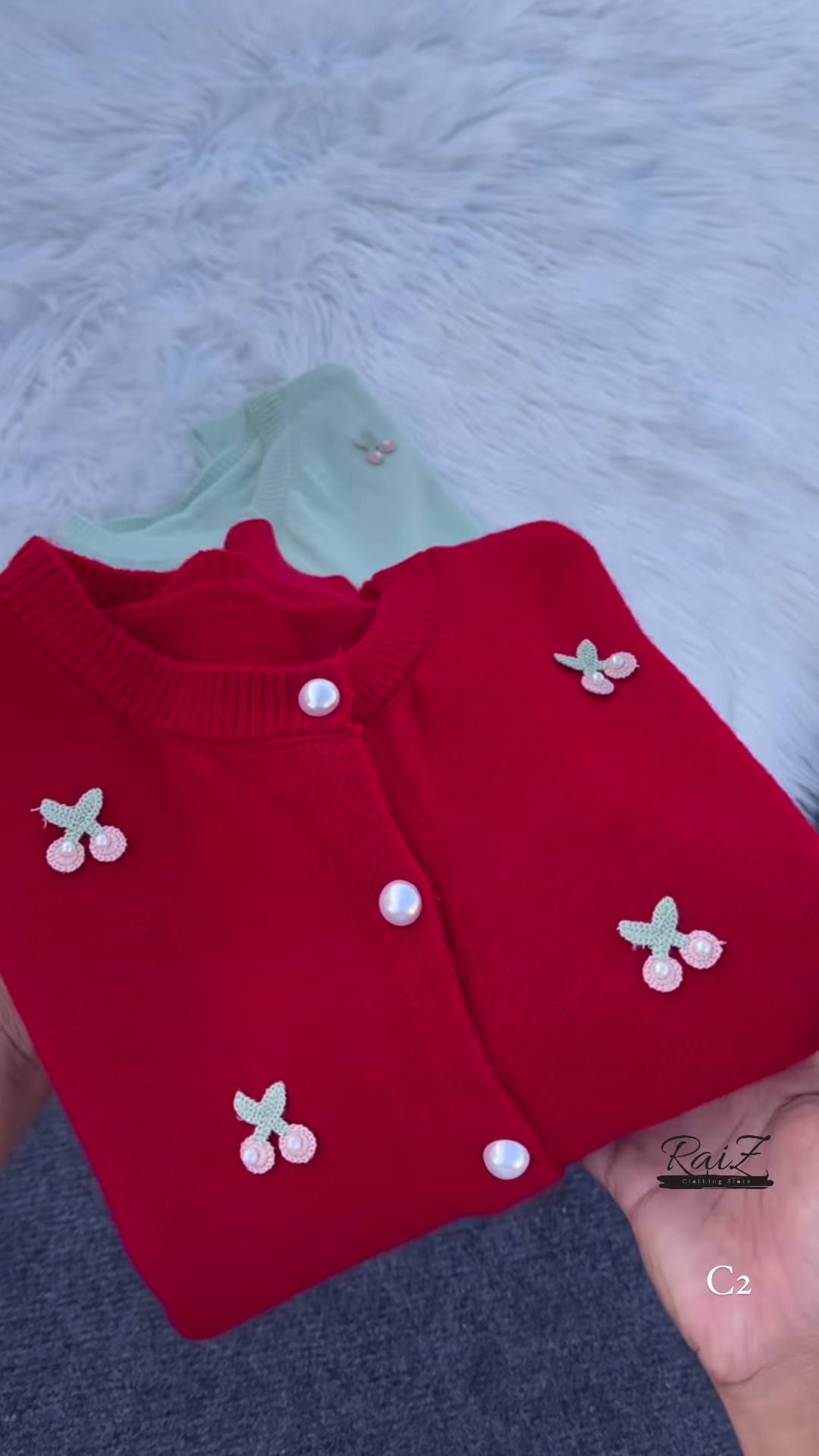 Cherry Embroidered Knit Cardigans 🍒🧶 With Pearl Buttons – Beige, Mint, Red & White Variants - Image 2
