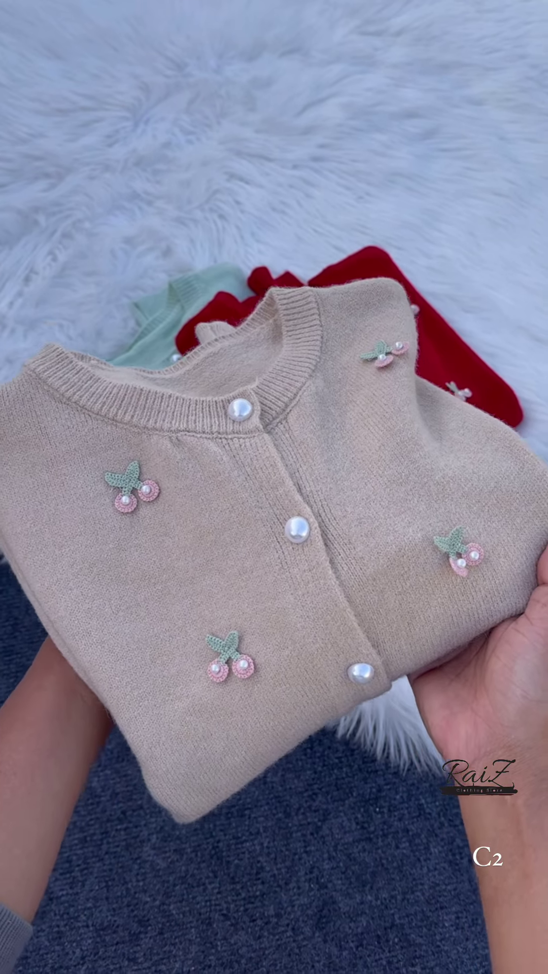 Cherry Embroidered Knit Cardigans 🍒🧶 With Pearl Buttons – Beige, Mint, Red & White Variants - Image 3
