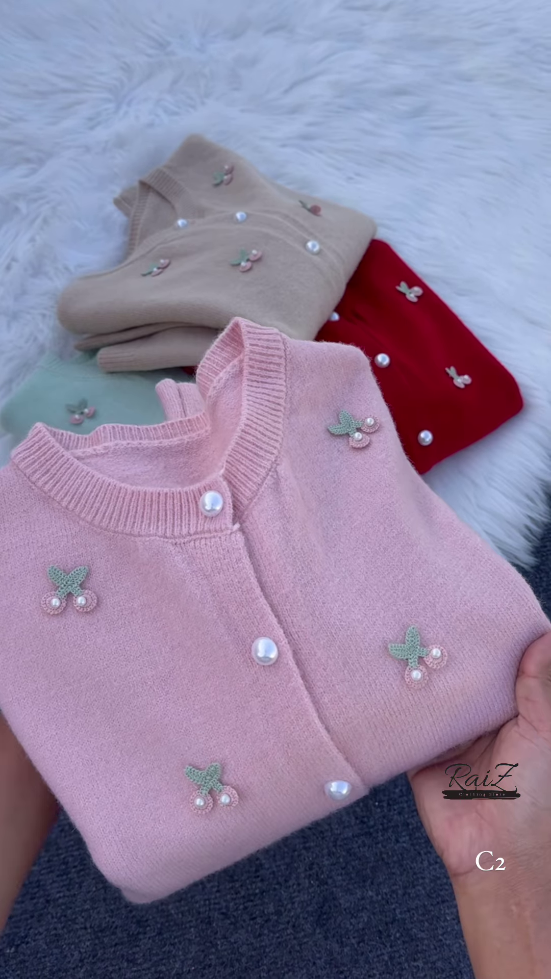 Cherry Embroidered Knit Cardigans 🍒🧶 With Pearl Buttons – Beige, Mint, Red & White Variants - Image 4