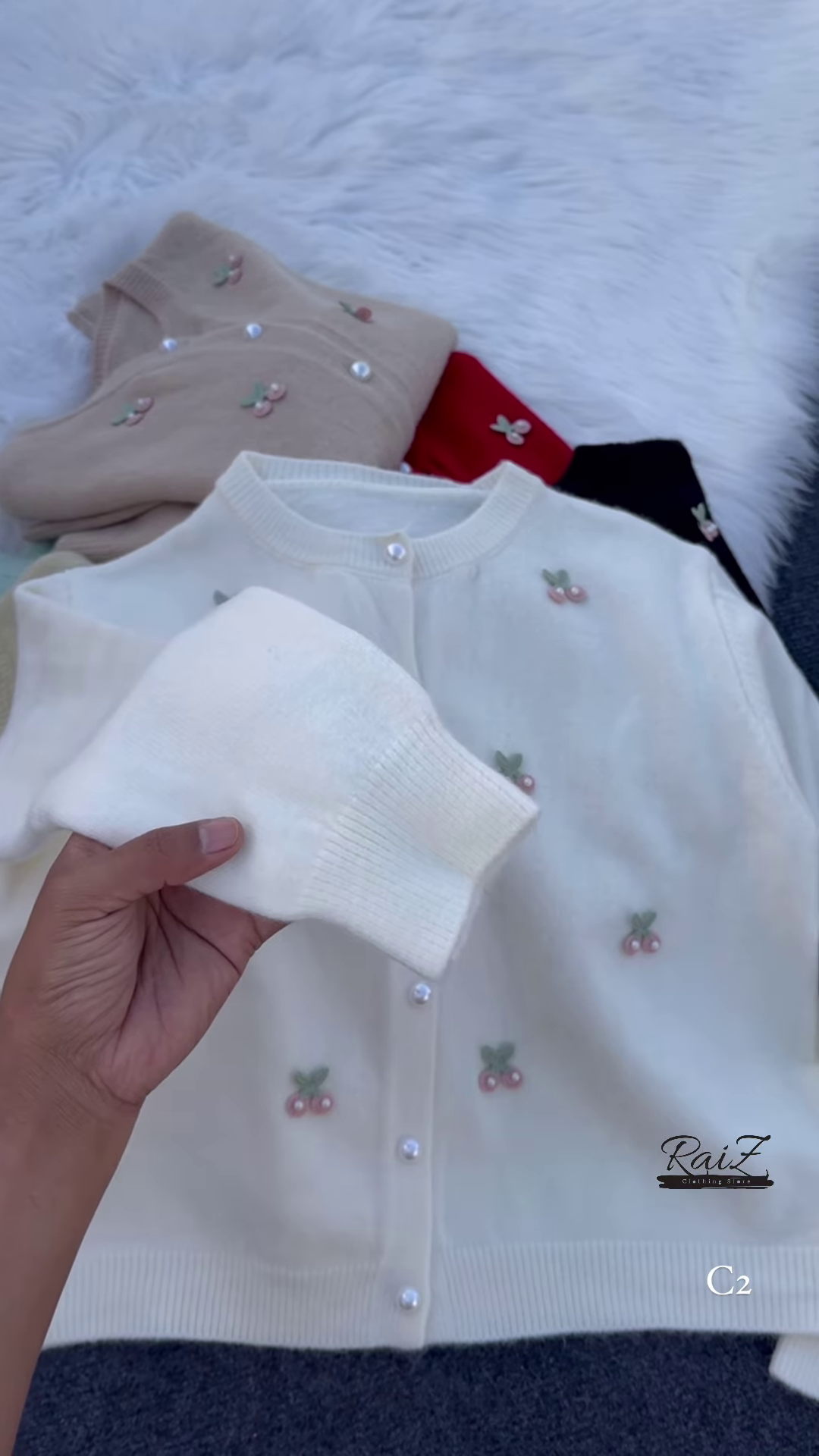 Cherry Embroidered Knit Cardigans 🍒🧶 With Pearl Buttons – Beige, Mint, Red & White Variants - Image 8