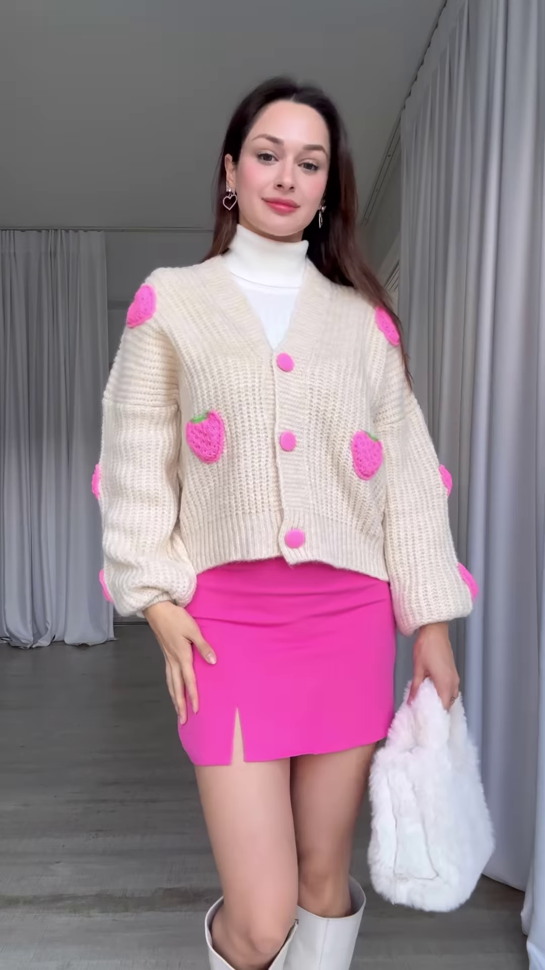 Strawberry-Patch Knit Cardigan ππ§₯ with Pink Buttons β Styled with Turtleneck, Mini Skirt & Boots - Image 4