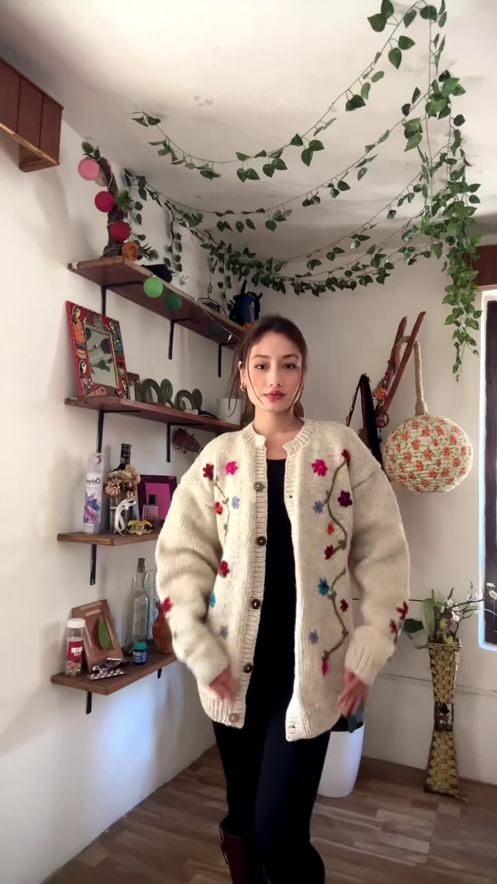 Floral Embroidered Knit Cardigan πΏπ§₯ β Dark Green Layer Styled with Black Pants & Brown Boots