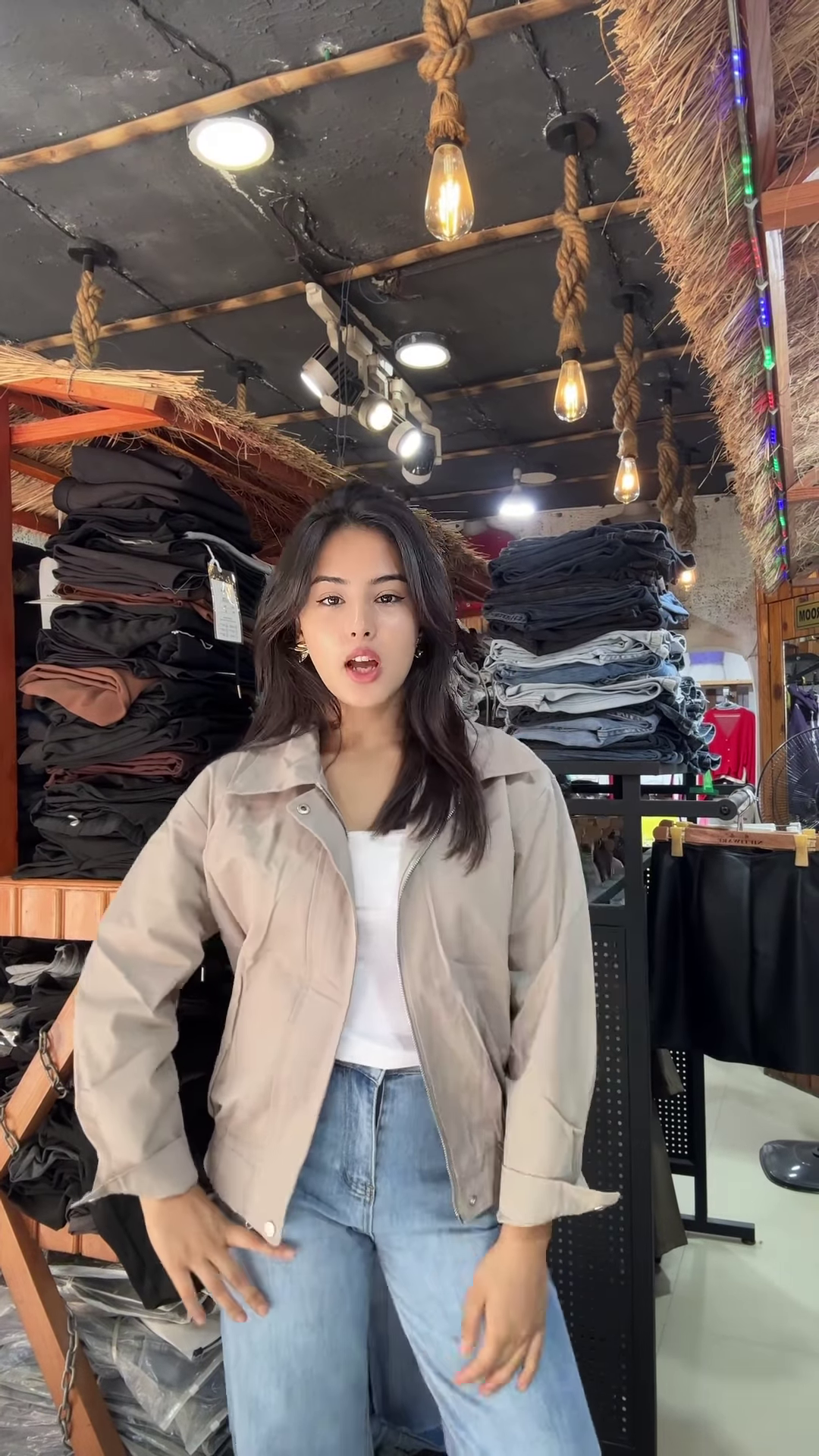 Women's Zip-Up Casual Jackets 🧥🛍 – Black, Beige & Light Beige Variants Styled in Store Setting