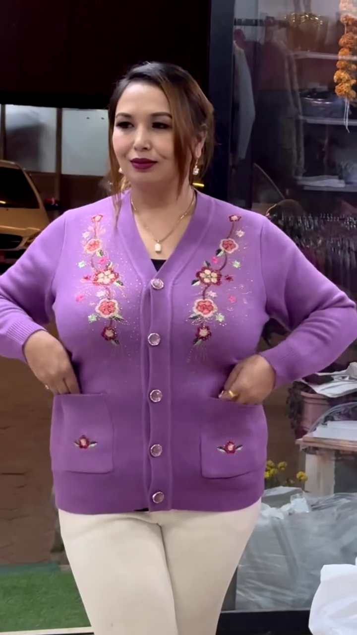 Floral Embroidered Knit Cardigans 🌸🧥 – Beige, Maroon & Purple Variants with Button-Up Front & Pocket Detailing - Image 3