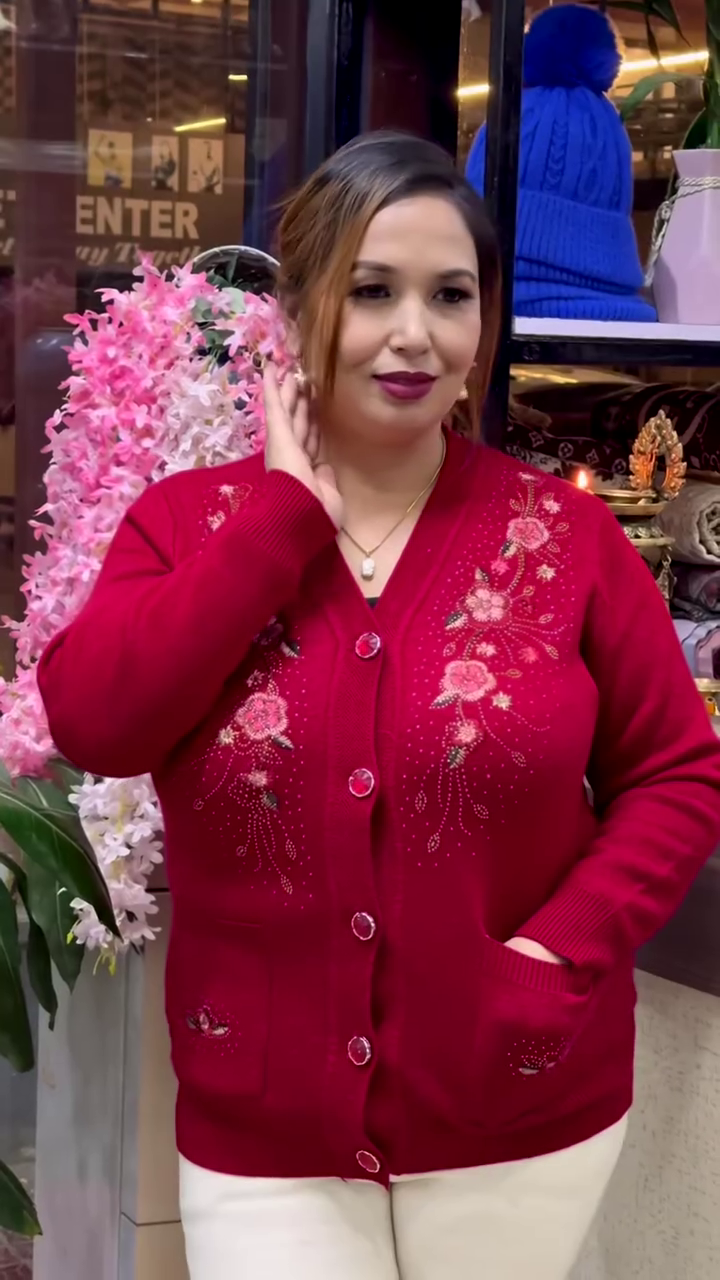 Floral Embroidered Knit Cardigans 🌸🧥 – Beige, Maroon & Purple Variants with Button-Up Front & Pocket Detailing - Image 5