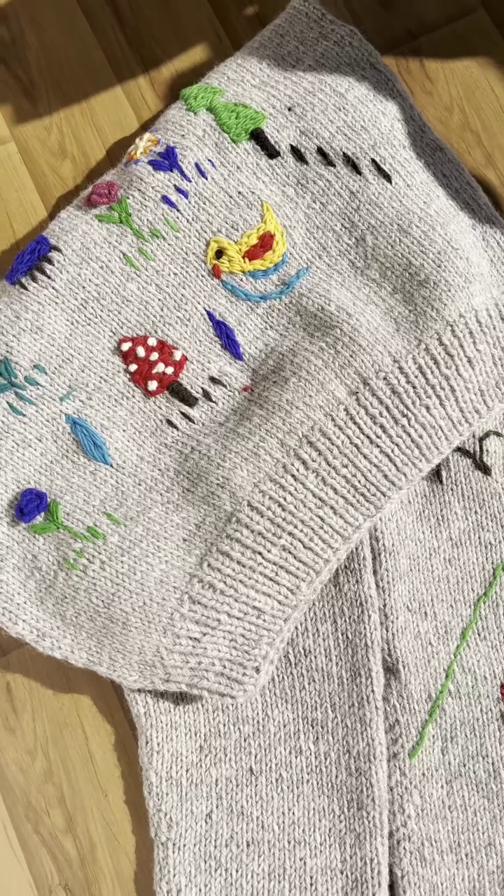 Whimsical Nature-Embroidered Knit Sweaters π₯ππΌ β Light Gray Base with Playful Storybook Detailing - Image 3