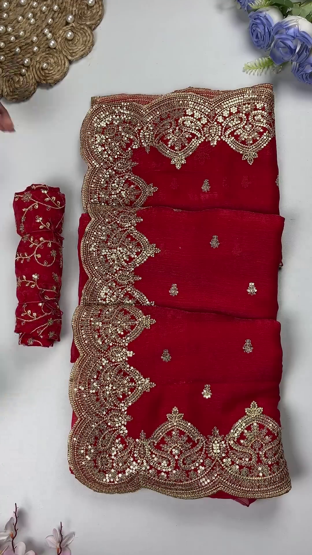 Premium Bridal Red Heavy Embroidered Partywear Saree with Designer Blouse Fabric - Image 2