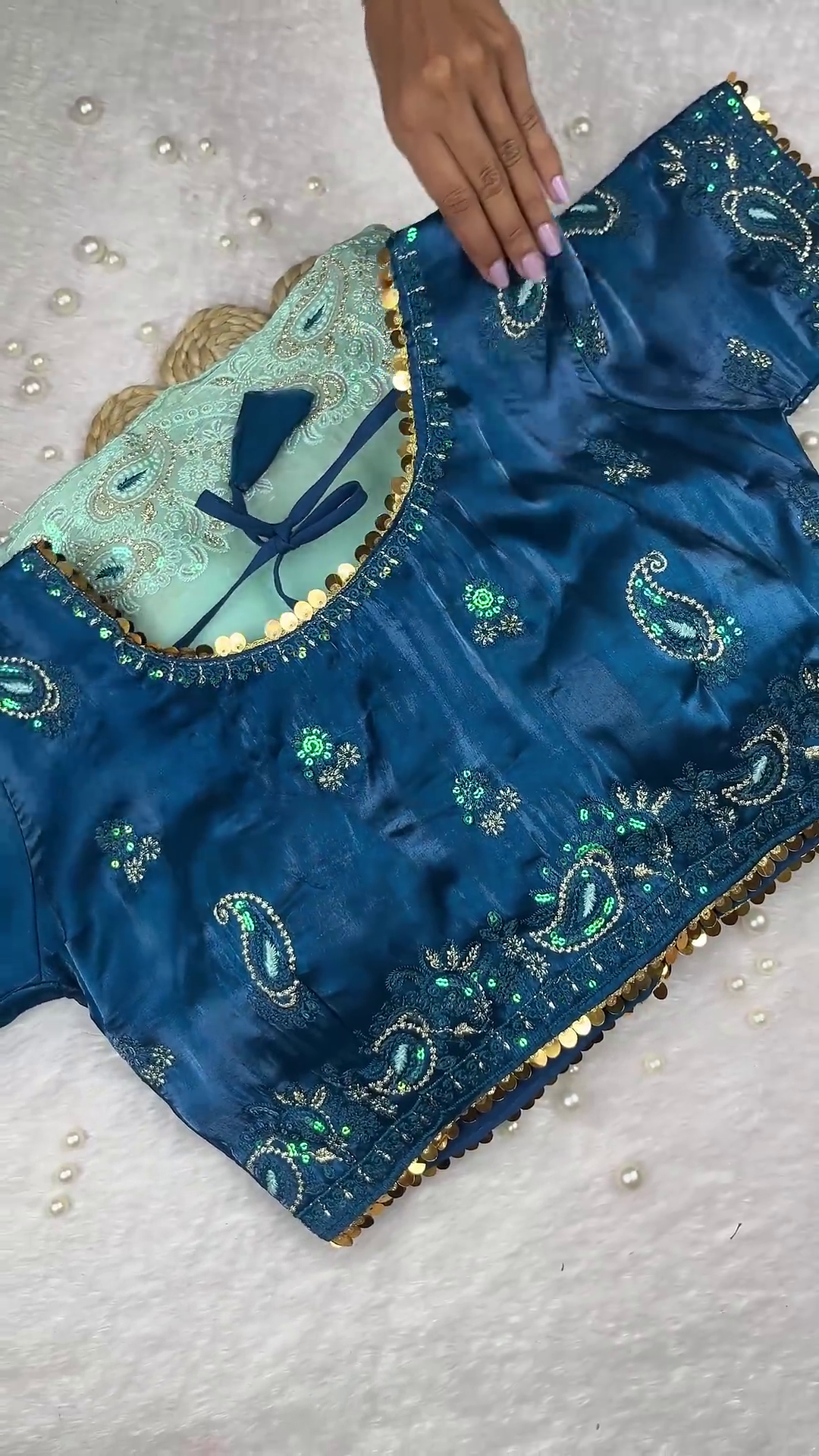 Peacock Blue Heavy Embroidered Designer Blouse with Coin Border