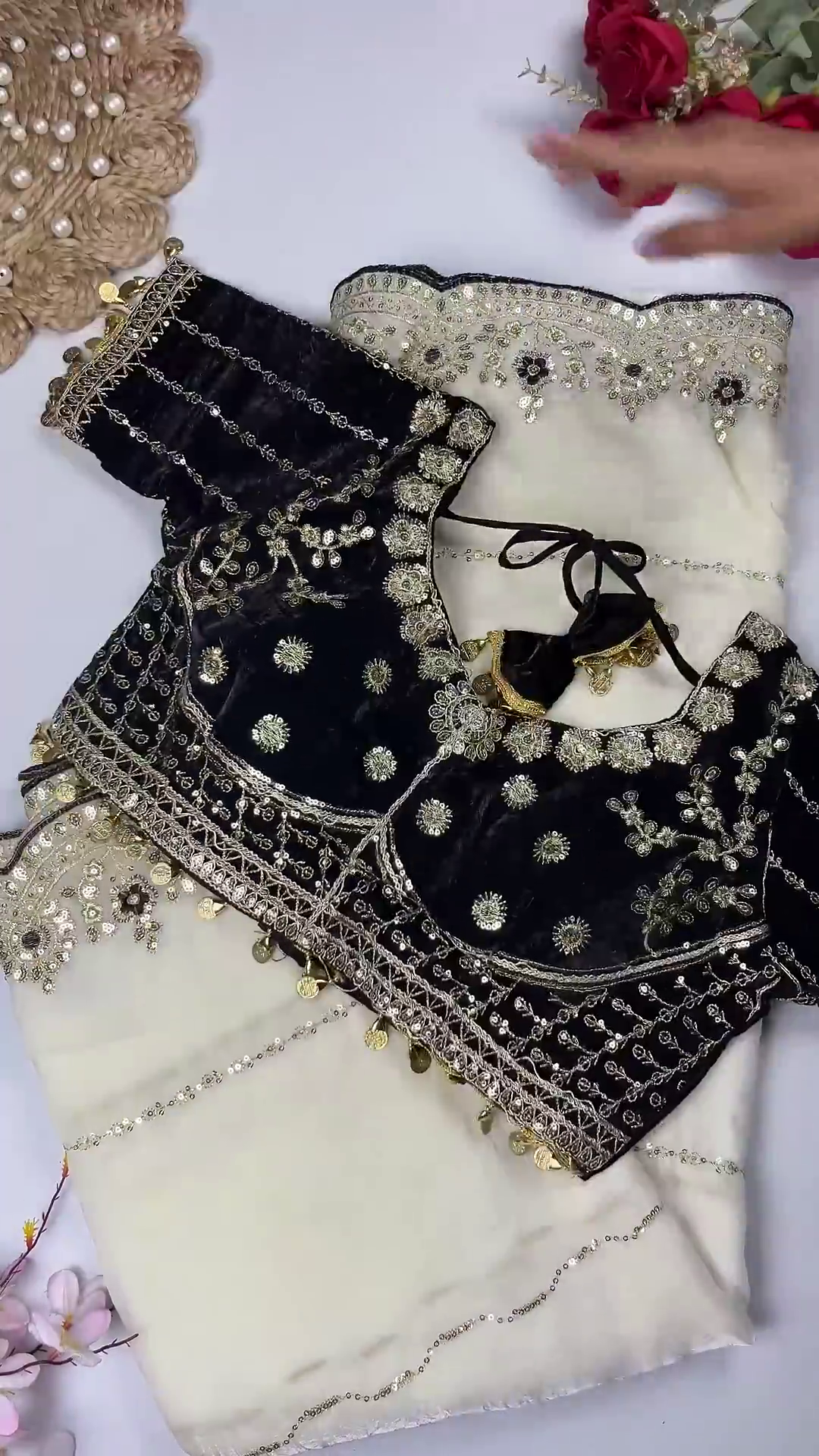 Classic Black & Ivory Heavy Embroidered Designer Blouse with Coin Latkan Border