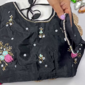Midnight Black Floral Hand-Embellished Designer Blouse with Pearl Accents