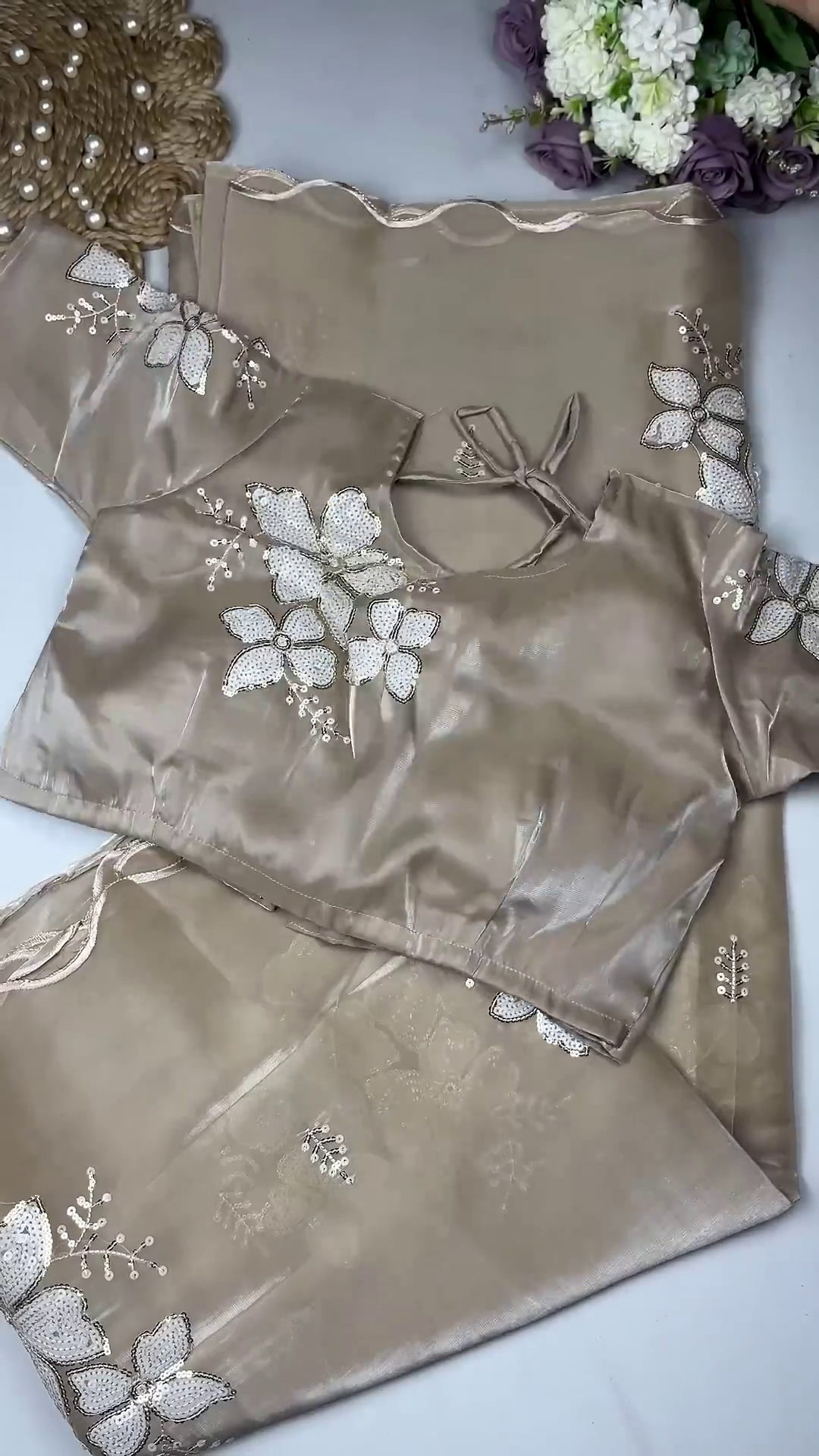 Lilac Orchid Embroidered Designer Blouse with Scalloped Dupatta Set - Image 3