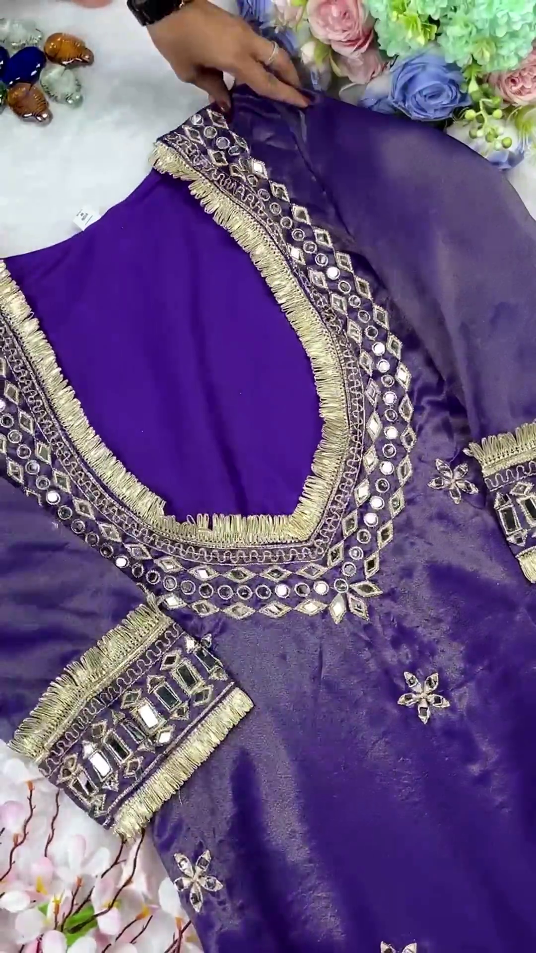 Regal Indigo Violet Mirror-Work Designer Kurti with Fringe Detailing