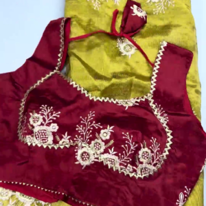 Royal Maroon Heavy Embroidered Designer Blouse with Olive Green Saree Set