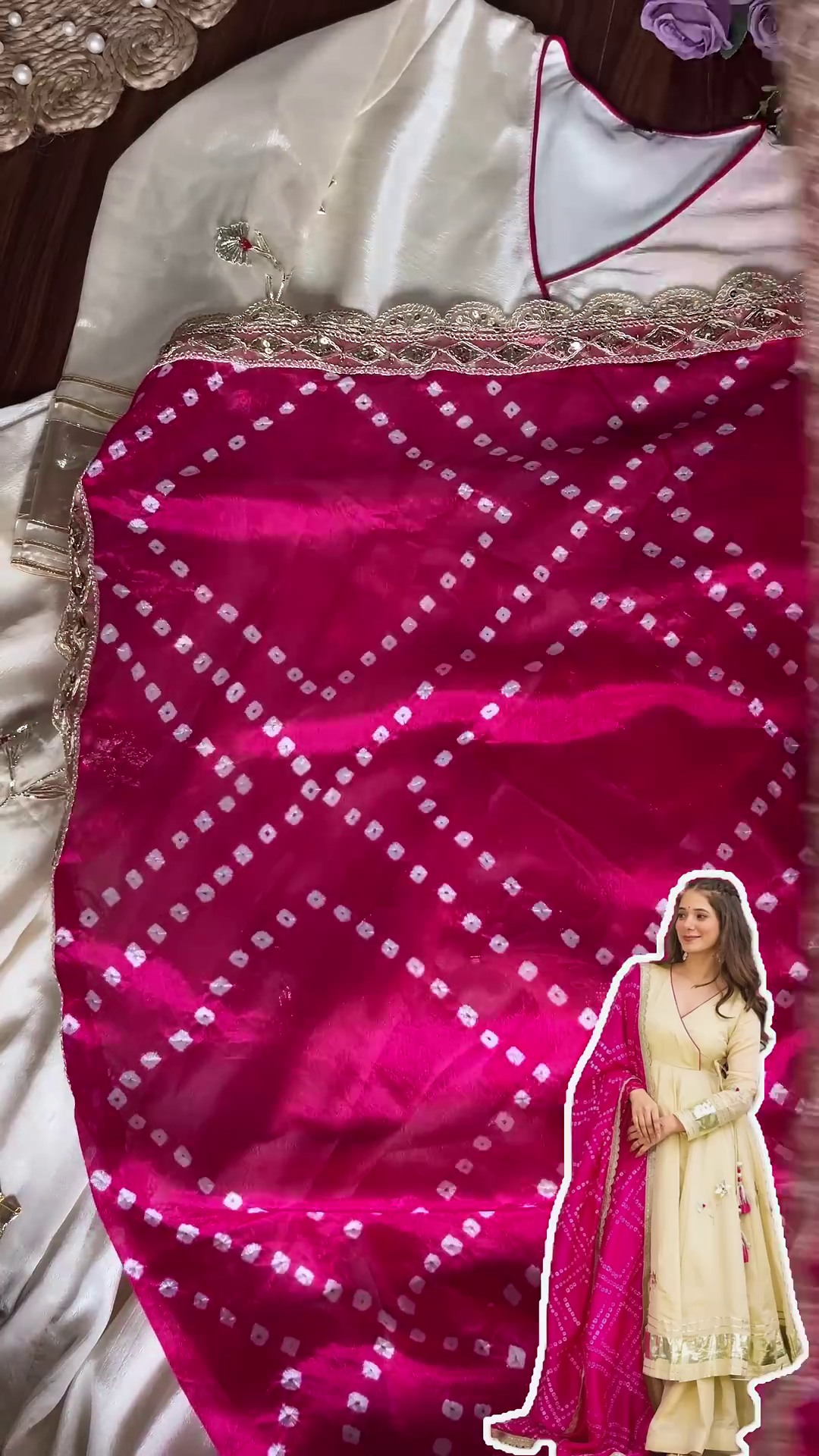 Lustrous Ivory Angrakha Anarkali with Bandhani Contrast Dupatta - Image 3