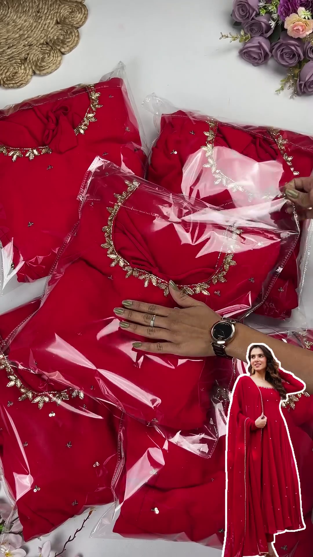 Classic Crimson Georgette Anarkali with Golden Vine Accents - Image 2