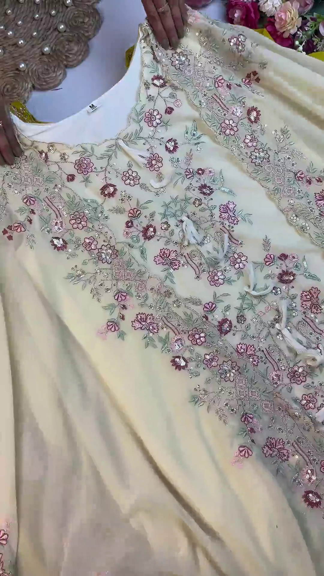 Luminous Cream Embroidered Anarkali with Floral Artistry