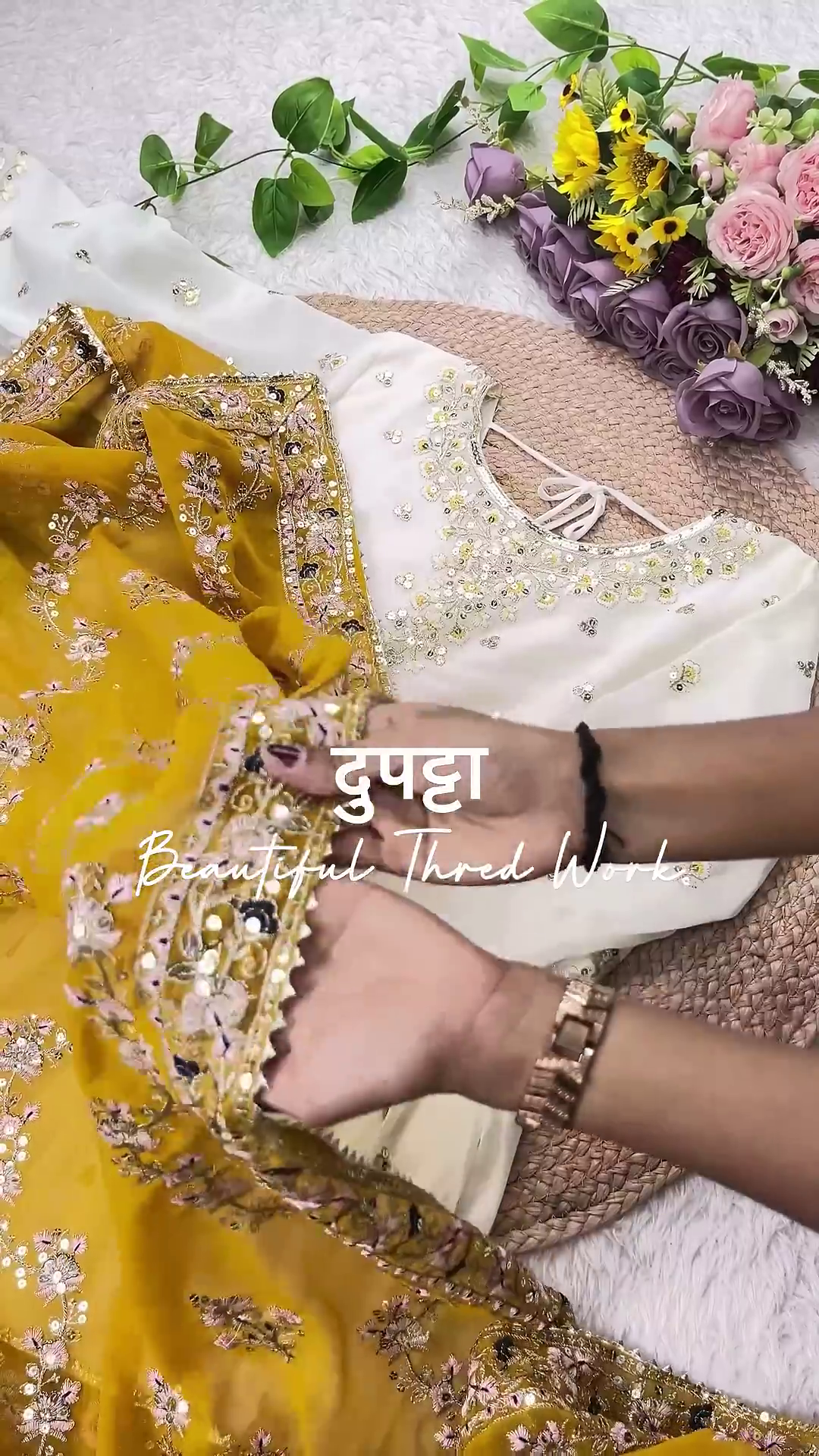 Ethereal White Anarkali with Mustard Floral Highlights - Image 6