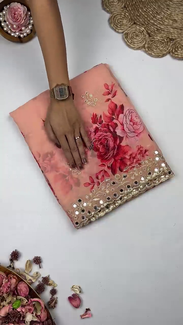 Peach Blossom Saree with Scalloped Mirror-Work Border - Image 5