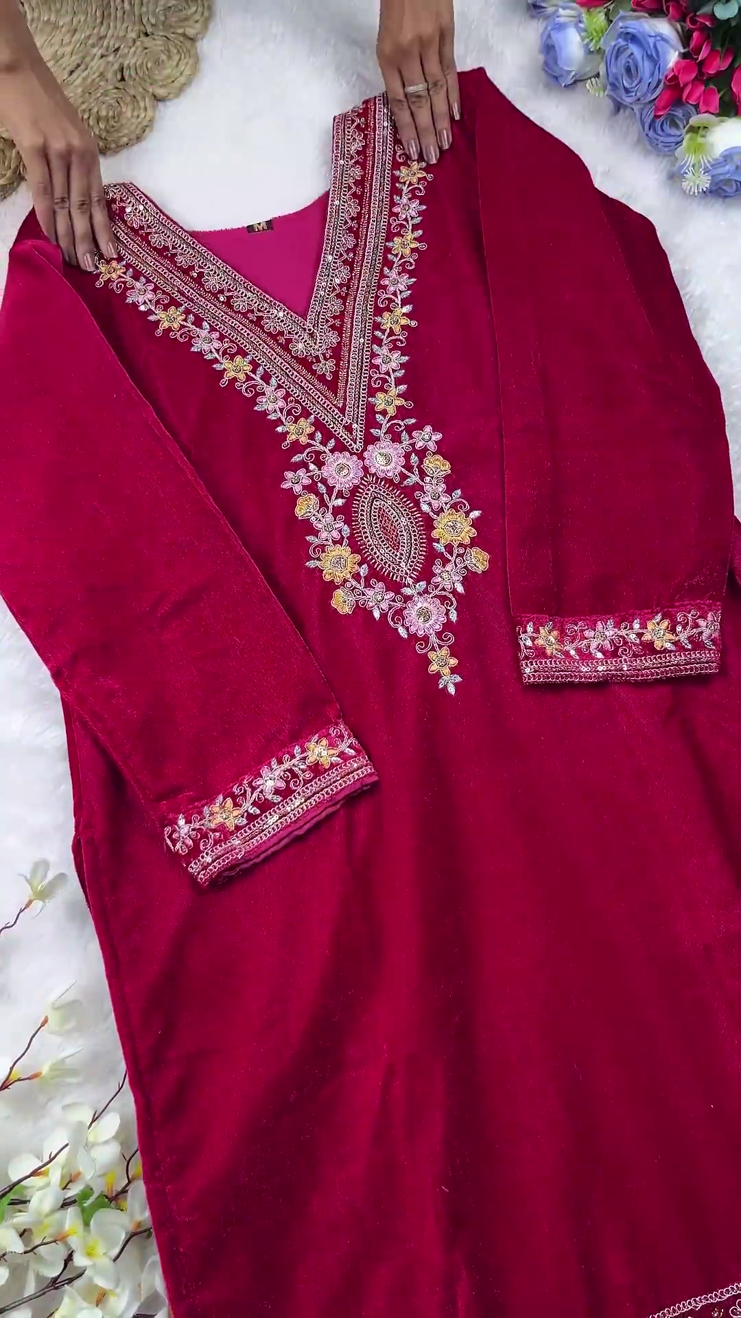 Royal Magenta Velvet Embellished Suit Set - Image 5