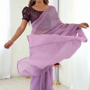 Lavender Chiffon Saree with Wine Puff-Sleeve Brocade Blouse