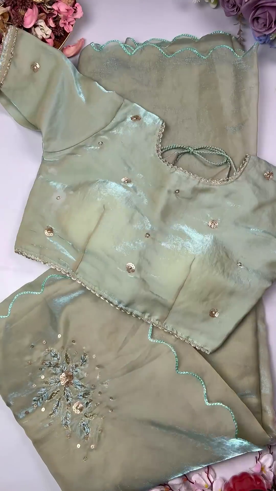 Luminous Shimmer Silk Saree with Hand-Embroidered Floral Zari Butta - Image 2