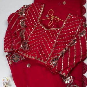 Georgette Saree Set with Hand-Embroidered Mirror-Work Floral Border