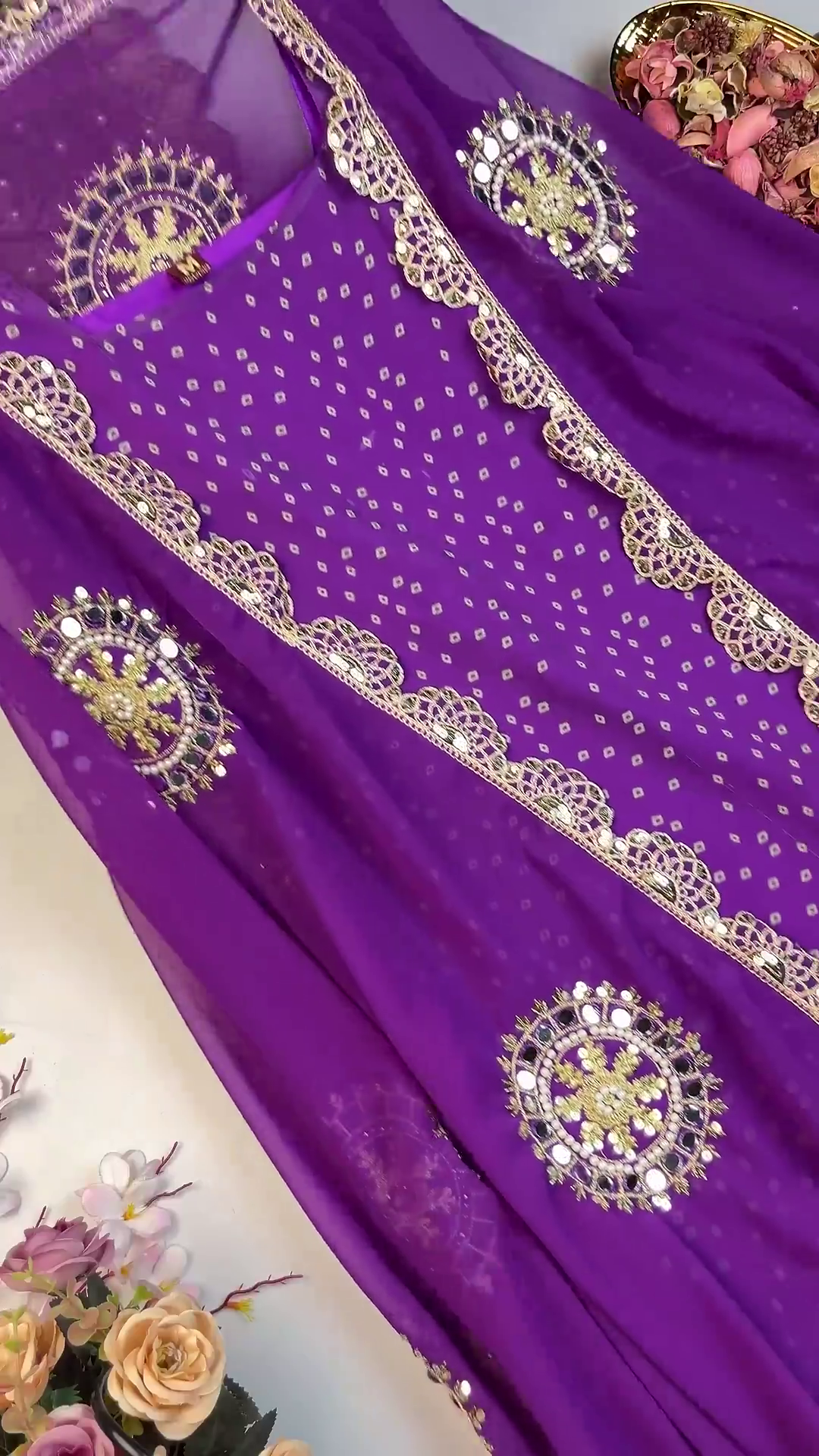 Vibrant Bandhani Georgette Suit with Circular Mirror-Work Medallions