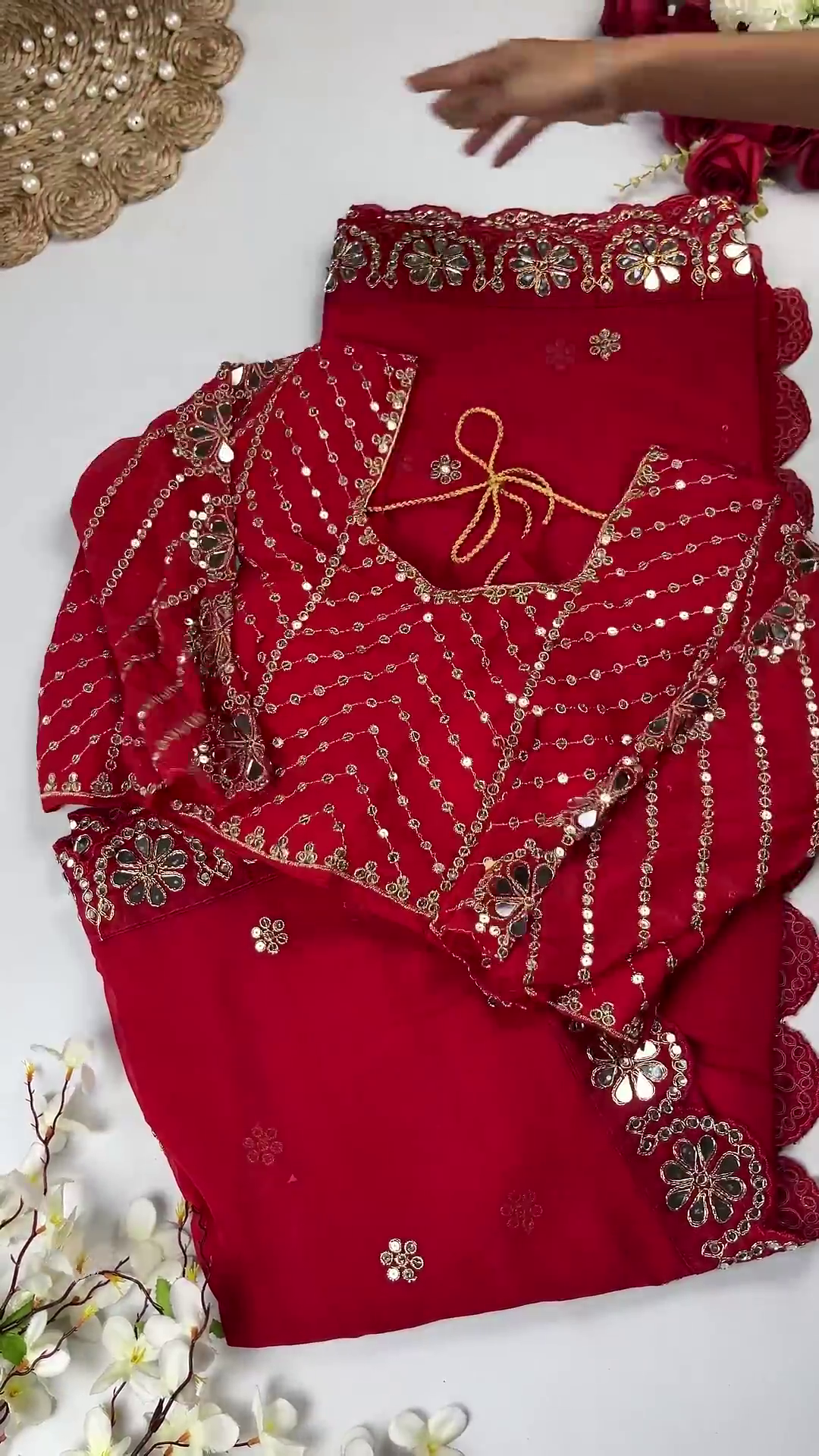 Crimson Silk-Blend Blouse with Floral Zari Jaal and Pearl Droplets - Image 6