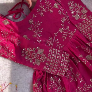 Hot Pink Silk-Blend Anarkali with Golden Floral Jaal and Sequin Highlights