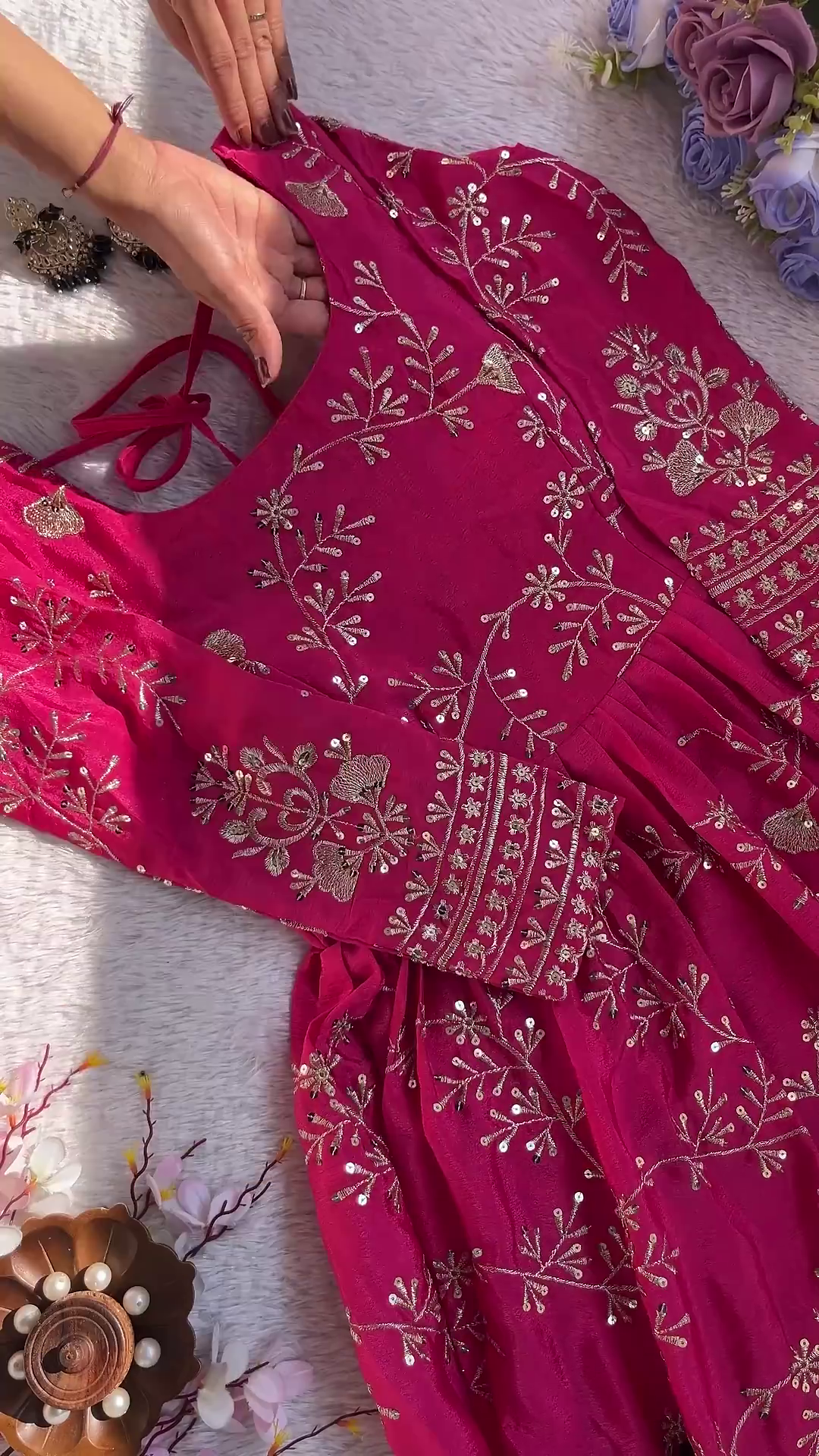 Hot Pink Silk-Blend Anarkali with Golden Floral Jaal and Sequin Highlights