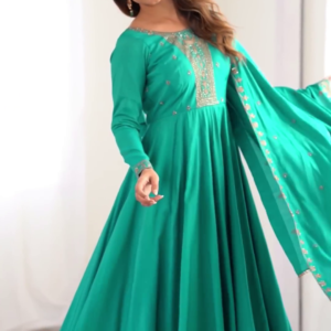 Emerald Teal Silk Anarkali Set with Intricate Zari and Threadwork Bodice
