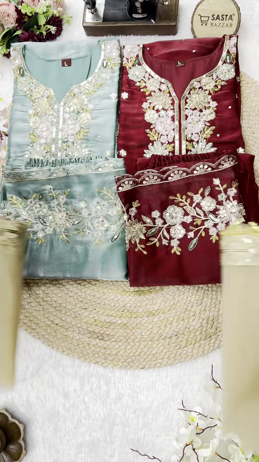 Exquisite Organza Silk Suit with Hand-Embroidered Floral Neckline and Scalloped Borders - Image 4