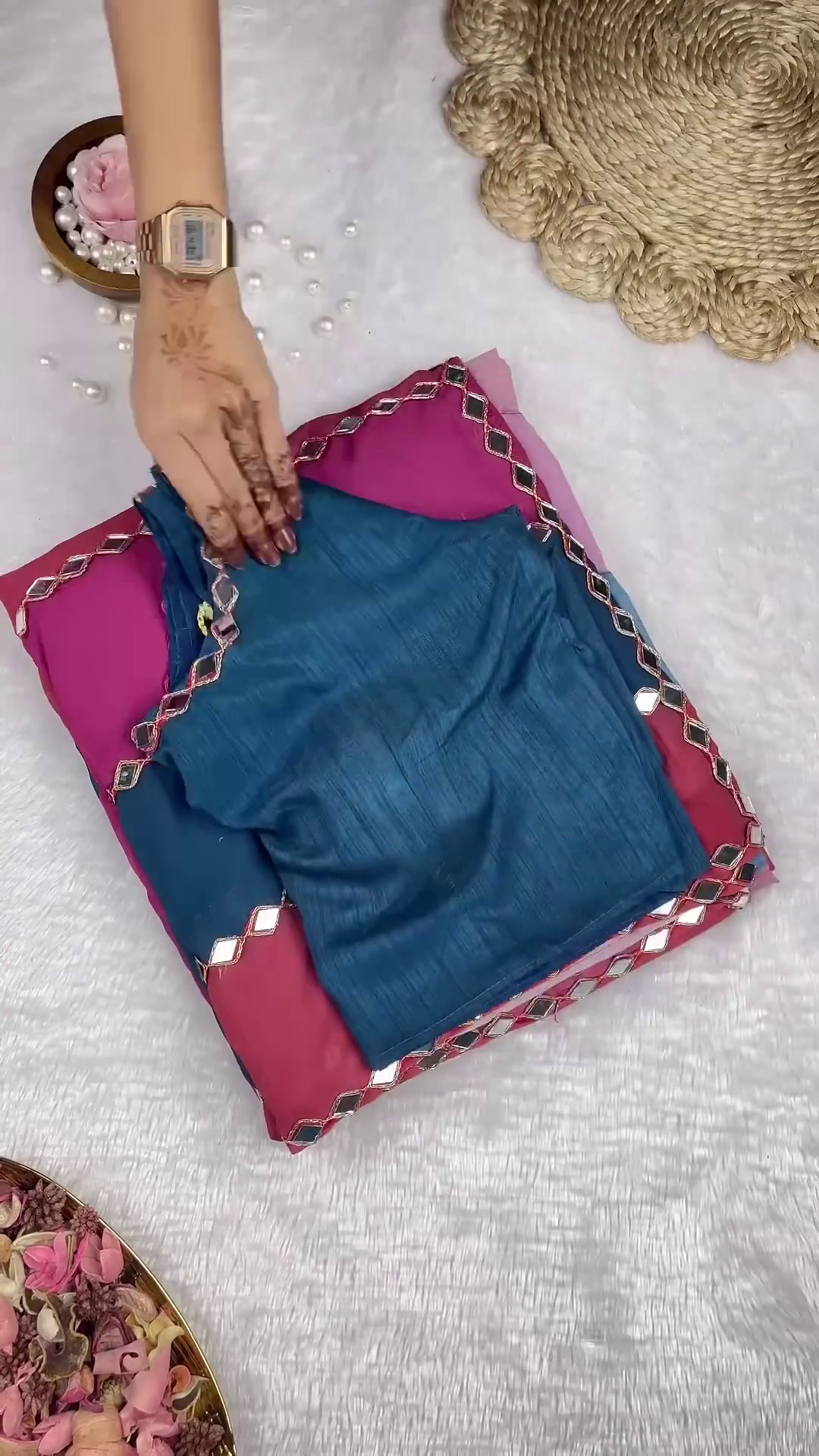 Teal Silk-Blend Blouse with Diamond Mirror-Work Neckline