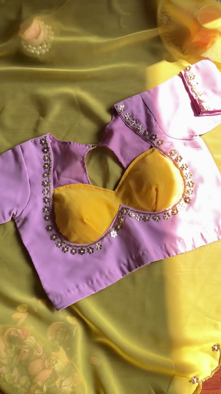 Lavender and Mustard Contrast Silk-Blend Blouse with Floral Sequin Borders